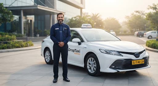 Professional taxi driver standing next to a modern white sedan