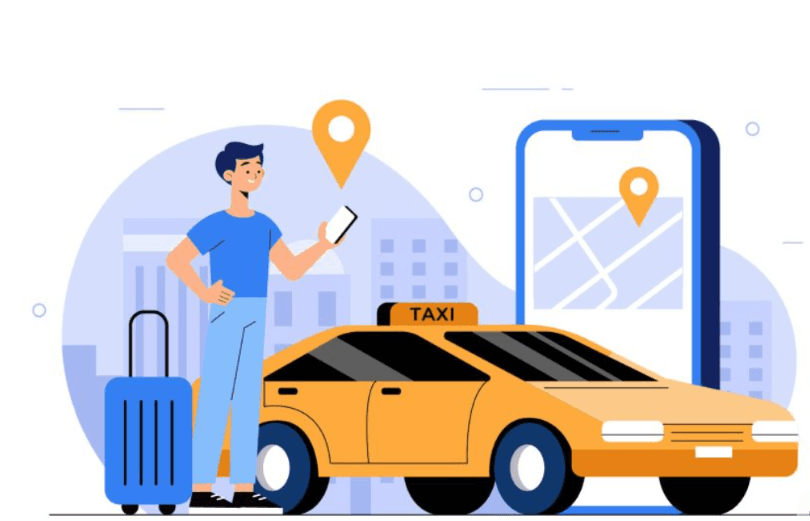 Person booking a taxi on mobile while the taxi arrives for pickup